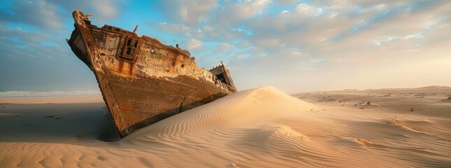 Ancient shipwreck partially buried in the sand on a deserted beach generated by AI