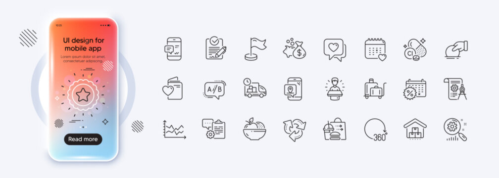 Donate, Milestone and 360 degrees line icons for web app. Phone mockup gradient screen. Pack of Divider document, Rfp, Delivery pictogram icons. Fruits, Diagram chart, Loan signs. Vector