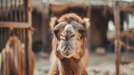 Obraz premium Brown camel at a farm during eid al-adha celebration in a rural setting