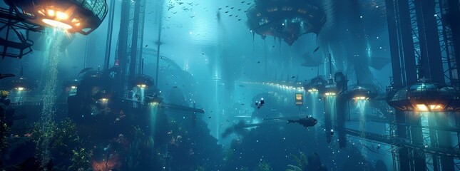Obraz premium Futuristic underwater city with sleek architecture and glowing lights generated by AI