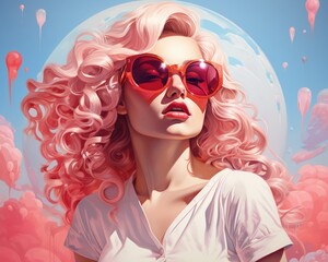 Fototapeta premium Stylized portrait of a woman with pink curly hair and red sunglasses, set against a playful and dreamy background.