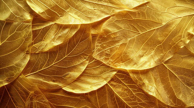 Golden leaves with detailed veins, layered to form a rich, metallic texture and warm, luxurious appearance.
