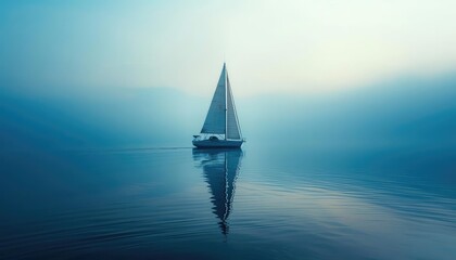 Fototapeta premium Sailing boat, calm sea, horizon view close up, focus on, copy space, tranquil and blue, Double exposure silhouette with sailboat