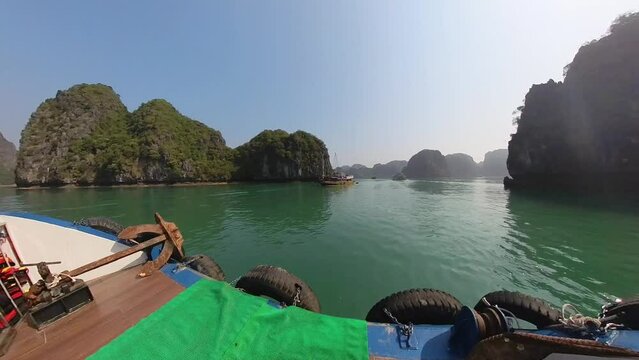 Boat ride in small cruse ship alongside both mountains