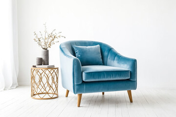 Blue Velvet Armchair in a Minimalist Interior