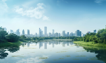 Serene Urban Skyline with Natural Lake Reflection