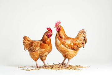 Two chickens standing on a white background