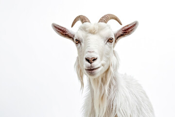 Fototapeta premium Closeup of a white goat's face with horns and brown eyes