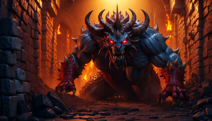 An angry monster in a burning cave