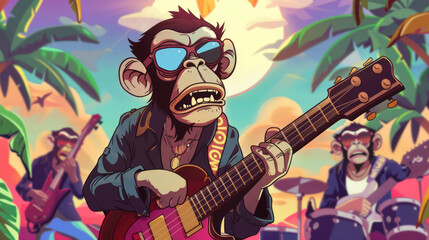 Cool monkey band playing music on tropical beach. Illustration of a cool monkey band playing rock music on a tropical beach, perfect for summer and music-themed projects.