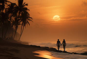 Romantic Beach Walk at Sunset