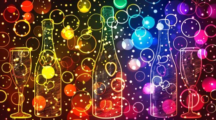  A collection of wine bottles arranged before a vibrant mosaic of colored bubbles against a black backdrop Include red, yellow, green, blue, orange, and two red h