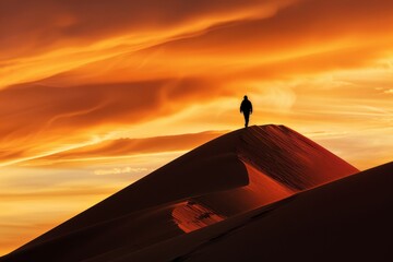 The silhouette of a lone figure walking across a windswept sand generated by AI