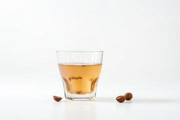 Glass of Hazelnut Liqueur with Hazelnuts on White Background