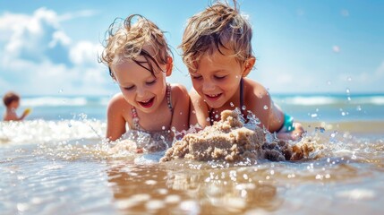 Two Happy Children Playing with Sand at the Beach on a Sunny Day