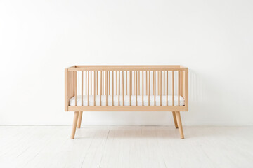 Wooden Baby Crib in a White Room