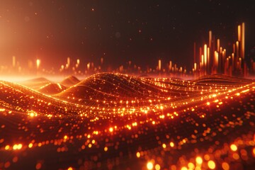 Glowing data waves with vibrant digital particles and bar graphs on a black background, representing technology and future analytics.