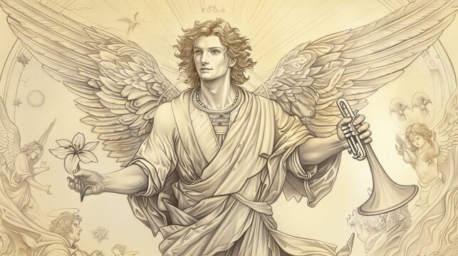 Saint Gabriel with Wings, Lily, Trumpet, Celestial Background, Divine Light, Biblical Illustration, Beige Background, Copyspace