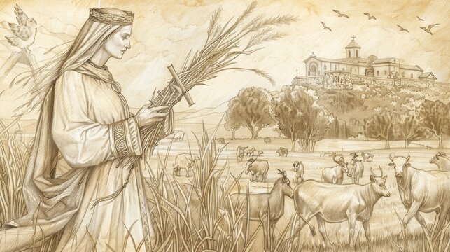 Saint Bridget with Woven Cross, Pastoral Setting, Monastery Background, Biblical Illustration, Beige Background, Copyspace