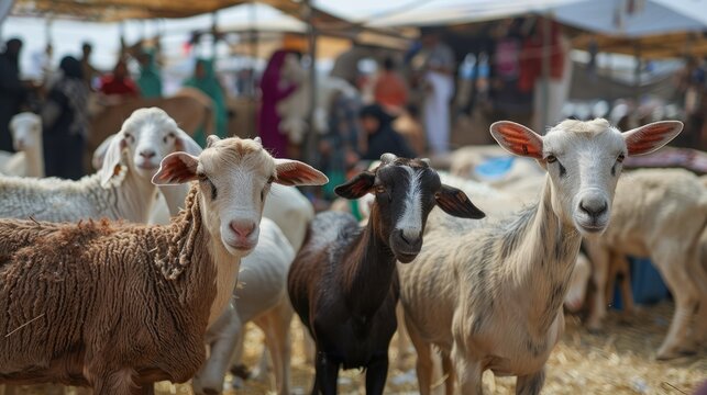 Livestock market for eid al adha with various animals available for purchase, including sheep, goats, and cattle