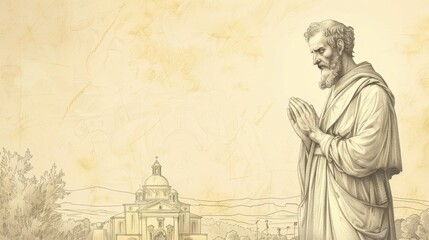 Fototapeta premium Devotion of Saint Zephyrinus in deep prayer, holding a cross. Simple attire, serene expression, peaceful church setting. Biblical Illustration, Beige Background, copyspace.