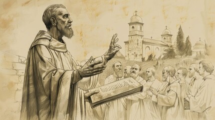 Fototapeta premium Saint Cyril Teaching Early Christians, Scroll and Church, Biblical Illustration, Beige Background, Copyspace