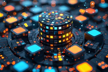 Abstract futuristic digital landscape with glowing cubes and data blocks, representing advanced technology and artificial intelligence.