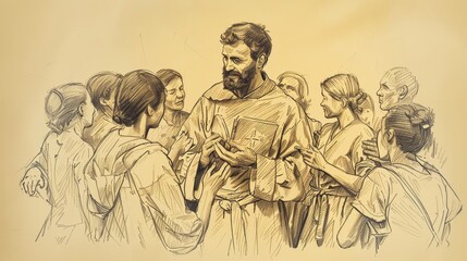 Fototapeta premium Saint Vincent de Paul's charitable work, caring for the poor and sick, simple attire, beige background, Biblical Illustration, copyspace