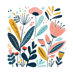 Colorful floral pattern featuring various abstract flowers leaves whimsical, modern design, design includes elements shades pink, blue, yellow, black, artwork suitable springthemed projects © Vectorvstocker