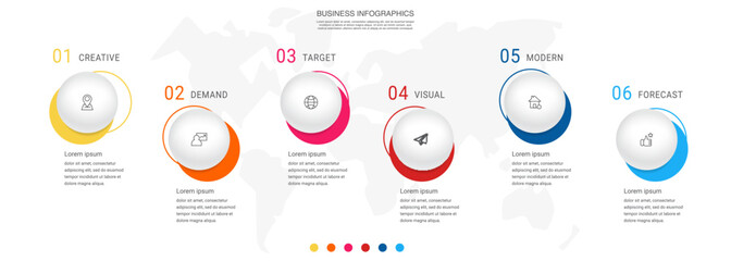 Business vector process. Modern infographic with six circles steps, options, parts. Template illustration.