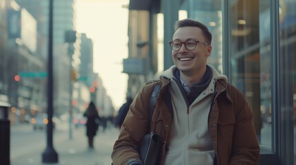 Naklejka premium A young man in a brown jacket and glasses is smiling and holding a briefcase. He's standing on the sidewalk in the city. A happy guy