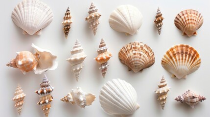 a variety of seashells on a white background