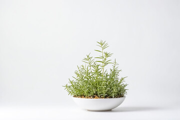 A potted plant with green leaves in a white pot on a white background