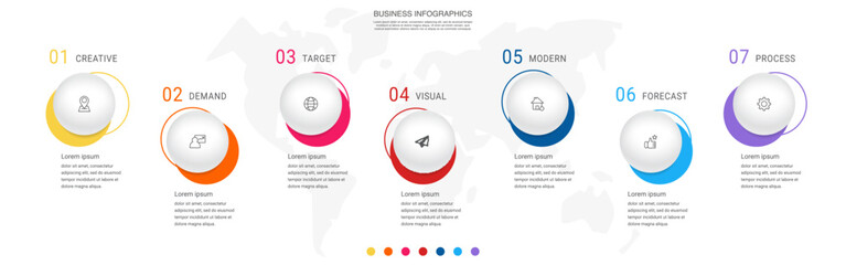 Business vector process. Modern infographic with seven circles steps, options, parts. Template illustration.