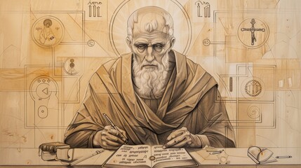 Saint Symeon Writing Mystical Works, Monastic Setting, Biblical Illustration, Beige Background, Copyspace