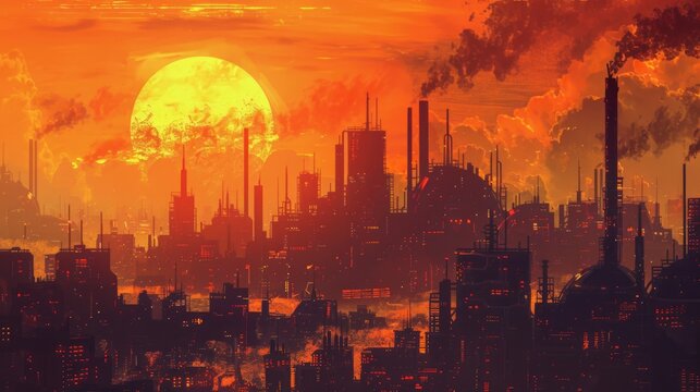 Design of sunset in city with a steampunk theme concept of future of steampunk , factory city abstract illustration design