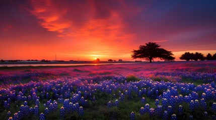 Sunset over lupine field in Texas, United States.