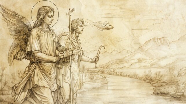 Saint Raphael Guiding Tobias, Healing and Protection Symbols, Biblical Illustration, Beige Background, Copyspace
