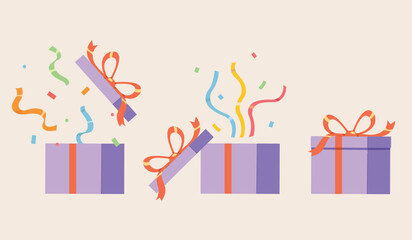 Set of unpacking Gift box with ribbon, Surprise gift box concept. Surprise birthday, party and Christmas season.
