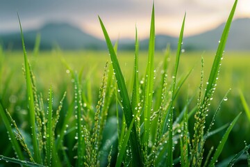 Obraz premium Grass field with dewdrops