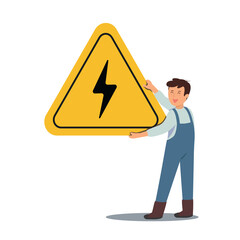 Young man with warning sign. Cartoon holding a power outage warning sign. Important announcement, attention or warning information.
