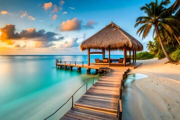 Fototapeta premium Sand dunes on the beach at sunset beautiful tropical island with palm trees and beach panorama illustration