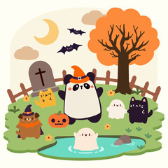 Cute Halloween Illustration with Panda and Friends in Spooky Costumes. Halloween Scene with Panda, Ghosts, and Animal Friends.