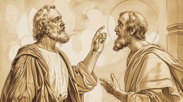 Saint Zachary in Temple, Vision of Gabriel, Biblical Illustration, Beige Background, Copyspace