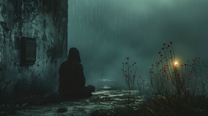 Dark figure in rain, sit on old wall,fog and raindrops,feeling of solitude and contemplation.