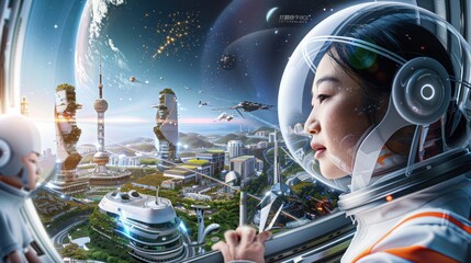 Naklejka premium Astronaut looking at futuristic space city