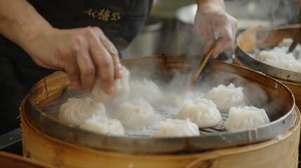 Fototapeta premium Dimsum or dumplings are being made or steamed.