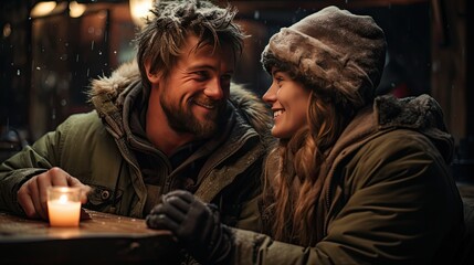 Fototapeta premium Couple in love smiling in a street cafe. A man and a woman in warm clothes in a cafe