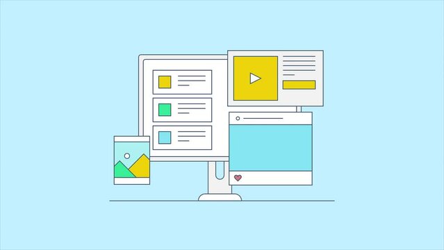 Content marketing mix strategy for brand promotion, Creating text, image and video content for social media marketing and SEO. Animation video clip.