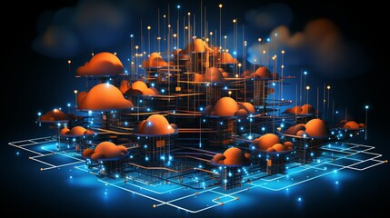 A visual representation of a cloud network, with servers connected through digital lines and security icons, emphasizing the role of cloud computing and cybersecurity in today's tech landscape.